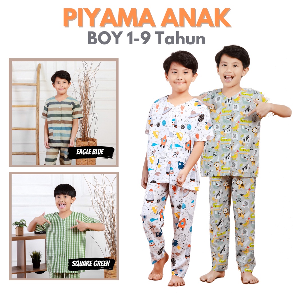 PIYAMA ANAK LAKI LAKI 1-9 TAHUN / KATUN MOTIF DINO / MOBIL / ANIMAL / ZOO / MOBIL / SALUR KOTAK PAJAMAS BOY / COWO LUCU MURAH