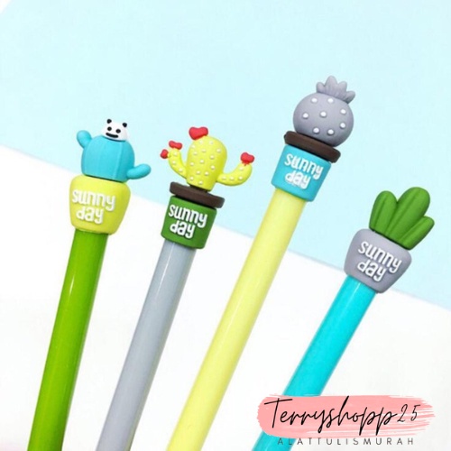 

1Lusin / 12pcs Pulpen Gel Karakter Kaktus Sunny Day Cute Pena Tinta Hitam Bisa Cod