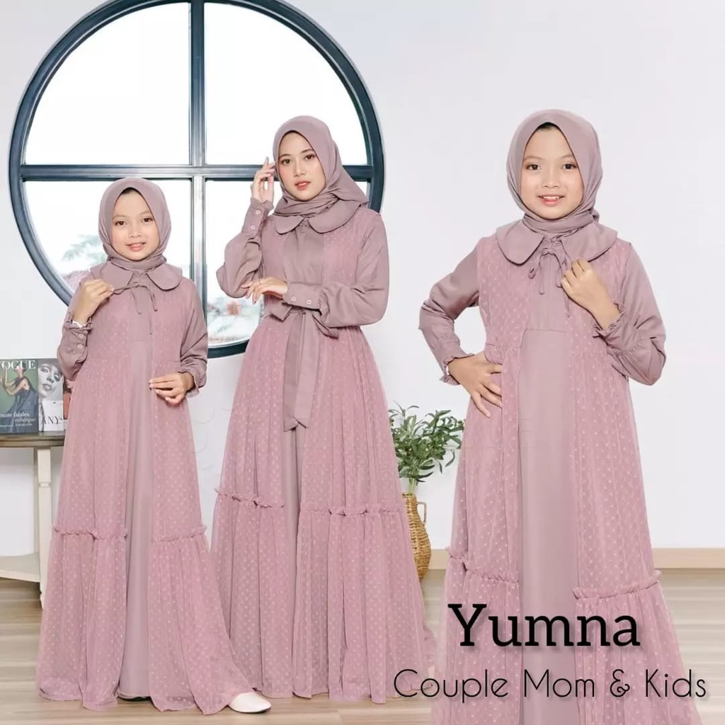 GAMIS SARIMBIT TERBARU 2023 YUMNA COUPLE MOM &amp; KIDS usia 10 - 12th Gamis Muslim Wanita CP Lebaran Matt Shakila mix Tile dot Fashion Terlaris