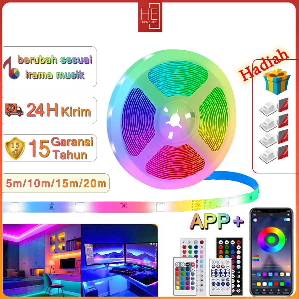 Lampu Led Strip APP musik RGB 5050 2835 5M 10M 15m 20m HP Sensor Music tahan air REMOTE LAMPU HIAS WARNA WARNI LAMPU KAMAR AESTHETIC  TUMBLR PLAFON