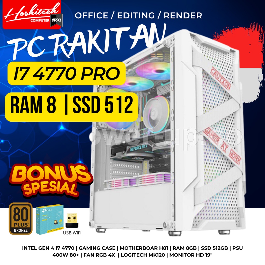 PC RAKITAN I7 PRO EDITING 4770 RAM 8GB SSD 512GB MONITOR 19 INCH MURAH