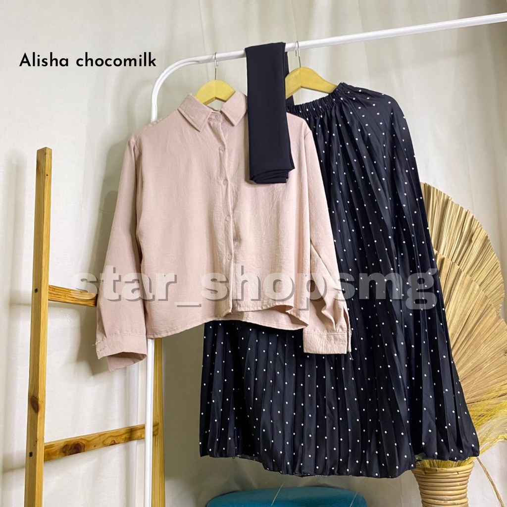 (3  in1) ONE SET ALISHA (pashmina ceruti+kemeja crinkle+rok polka)