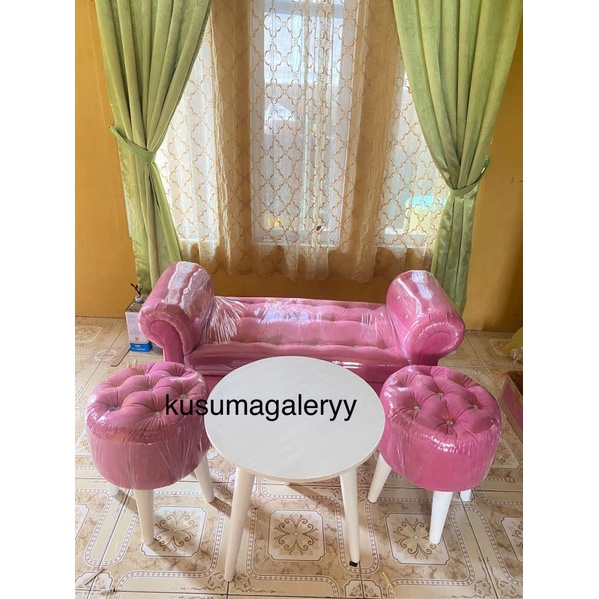 1 Set Sofa ( 1 sofa panjang + Meja bulat + 2pcs Stool bulat ) Ready stock Full Kancing