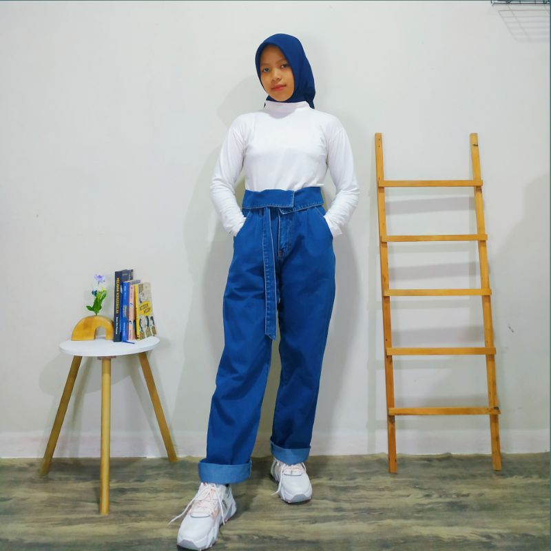 Puspita Hijab - Moana Cullote Jeans / Celana Jeans Biru Tua Korea Panjang Model Longgar / Baggy / ku