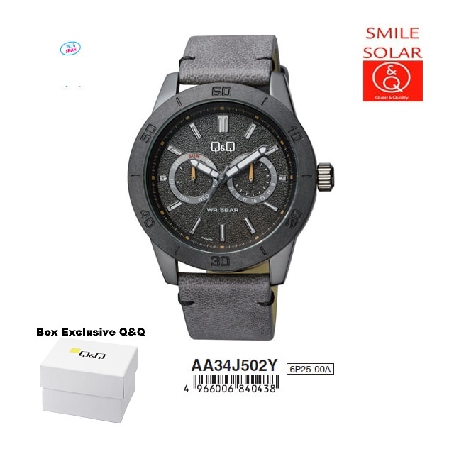 Jam Tangan Pria Sporty Casual Kulit Leather Tanggal Hari Analog Original Q&amp;Q QnQ QQ AA34 AA34J Series