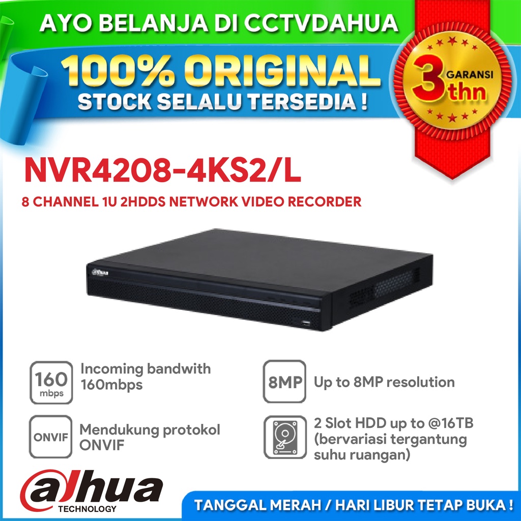 DAHUA NVR4208-4KS2/L 8CH 1U 2 SLOT HDD H.265 SUPPORT IPCAM UP TO 8MP