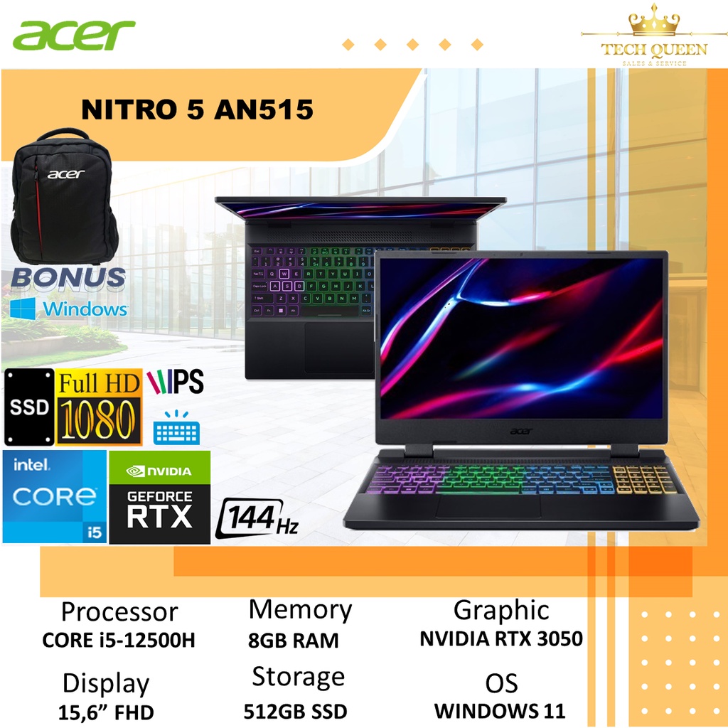 ACER NITRO 5 AN515 - RTX3050 4GB I5 12500H 8GB 512SSD WINDOWS 11+OHS 15.6 INCHI FHD IPS 144HZ 100SRGB 4ZRGB BLK