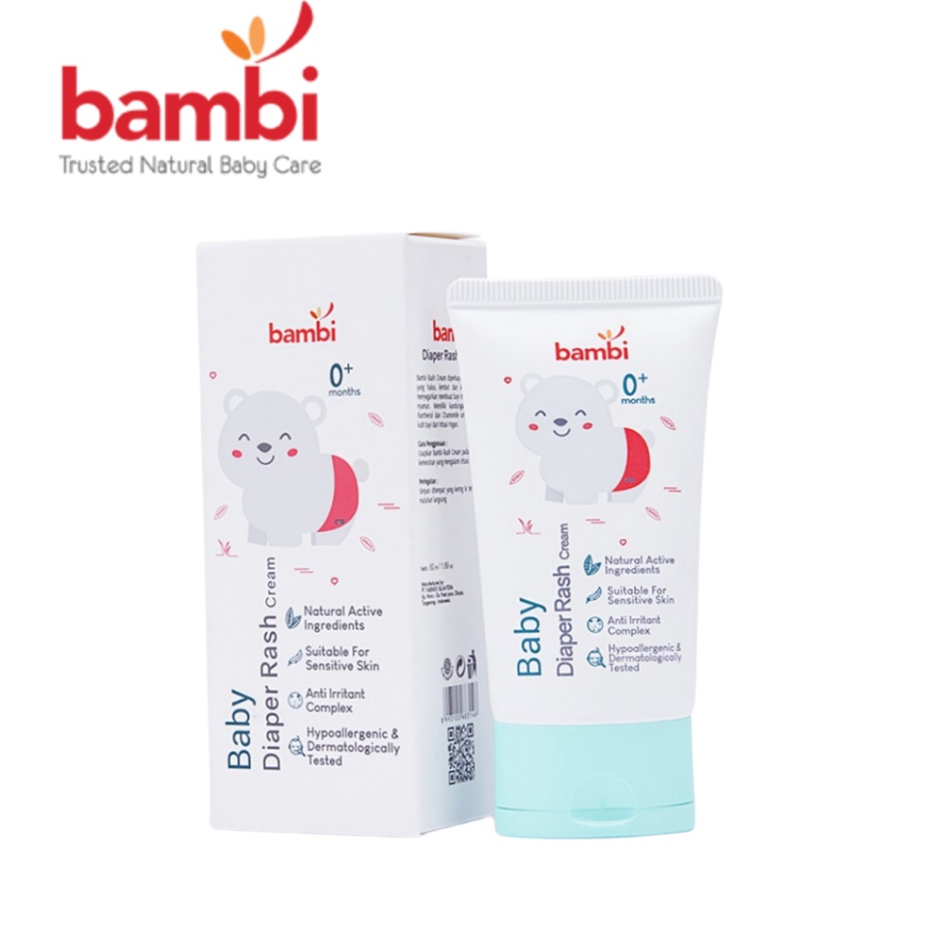 Bambi Baby Diaper Rash Cream 50ml | Krim Ruam Popok Pada Bayi Kulit Normal - Sensitif | Krim Area Lipatan | Mencegah Iritasi Ringan Pada Kulit Bayi.