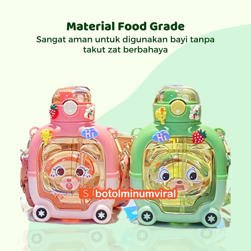 Botol Minum Viral Anak Free Sticker 2D 3D Karakter Sedotan Tali Lucu