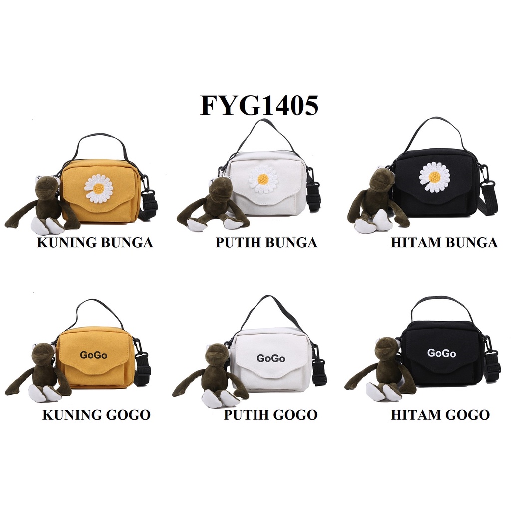 FYGALERY FYG1405 Tas Selempang Mini Gogo Bunga Slingbag Wanita Bahan Kanvas Polos Murah