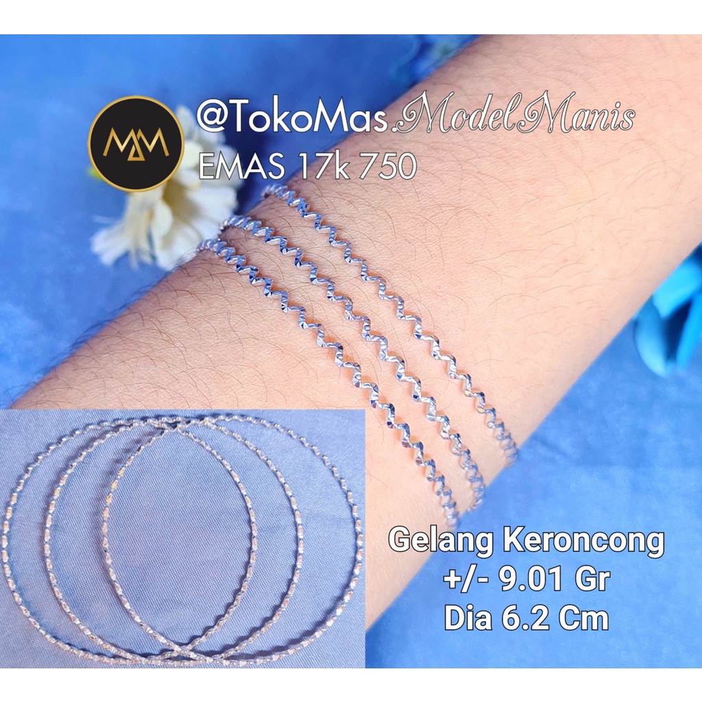 Gelang keroncong gelombang ukir emas putih 750 kadar 17k