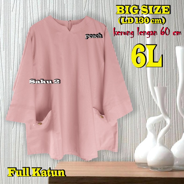 Atasan Wanita Baju Atasan Wanita / Blus Wanita Jumbo 6L / Saku 2 - LD 130 cm - Peach Outfit Gratis O