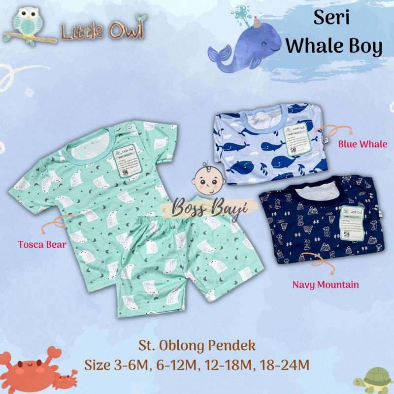 LITTLE OWL Setelan Oblong Pendek Kancing Pundak Bayi Anak 6-12M 12-18M 18-24M 24-36M Motif Boy