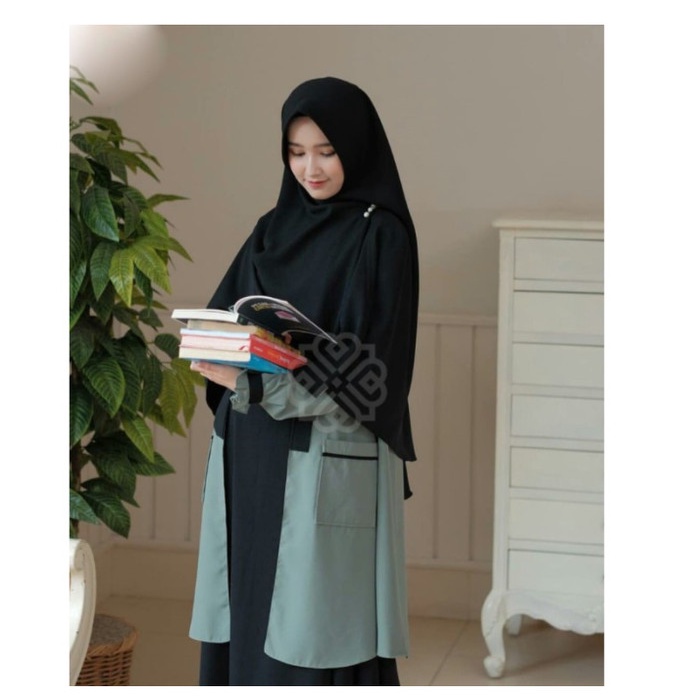 Elbina Set Dress Muslimah Syari Gamis dan Outer Wanita Dewasa No Hijab - Green Mix Black, S D2X9