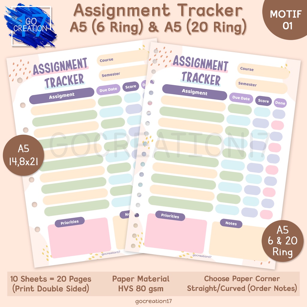 

Kertas Planner Isi Binder Assignment Tracker Motif Premium A5