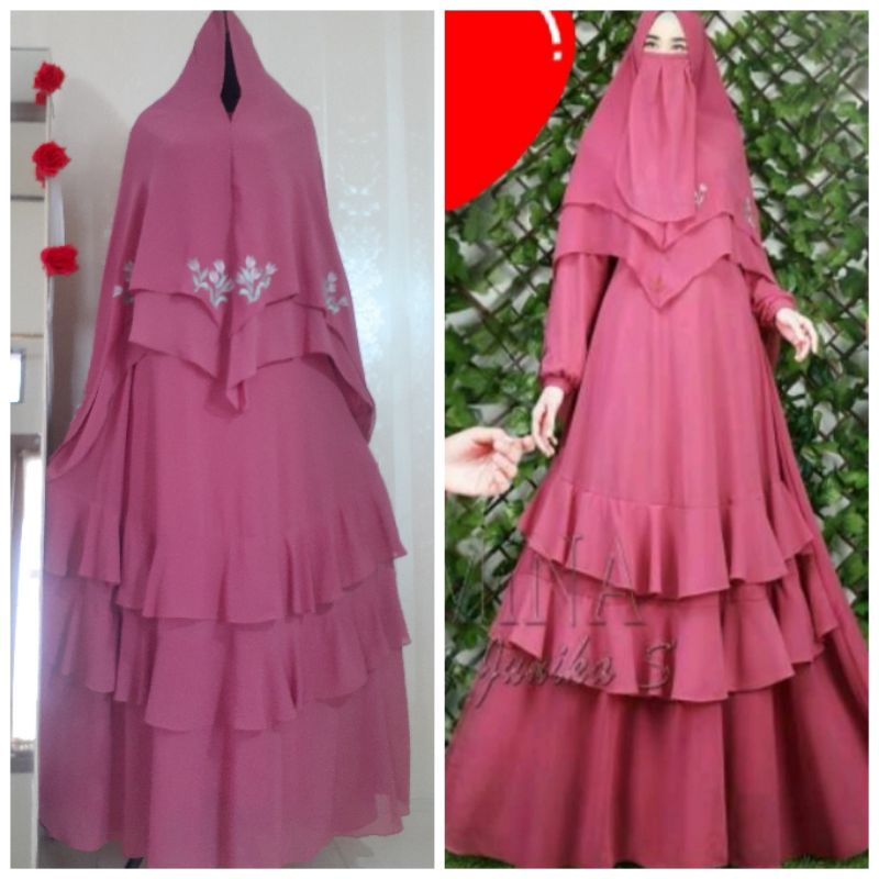 Gamis syari Ummina TINGGAL PINK 1 SET (CADAR KHIMAR GAMIS)