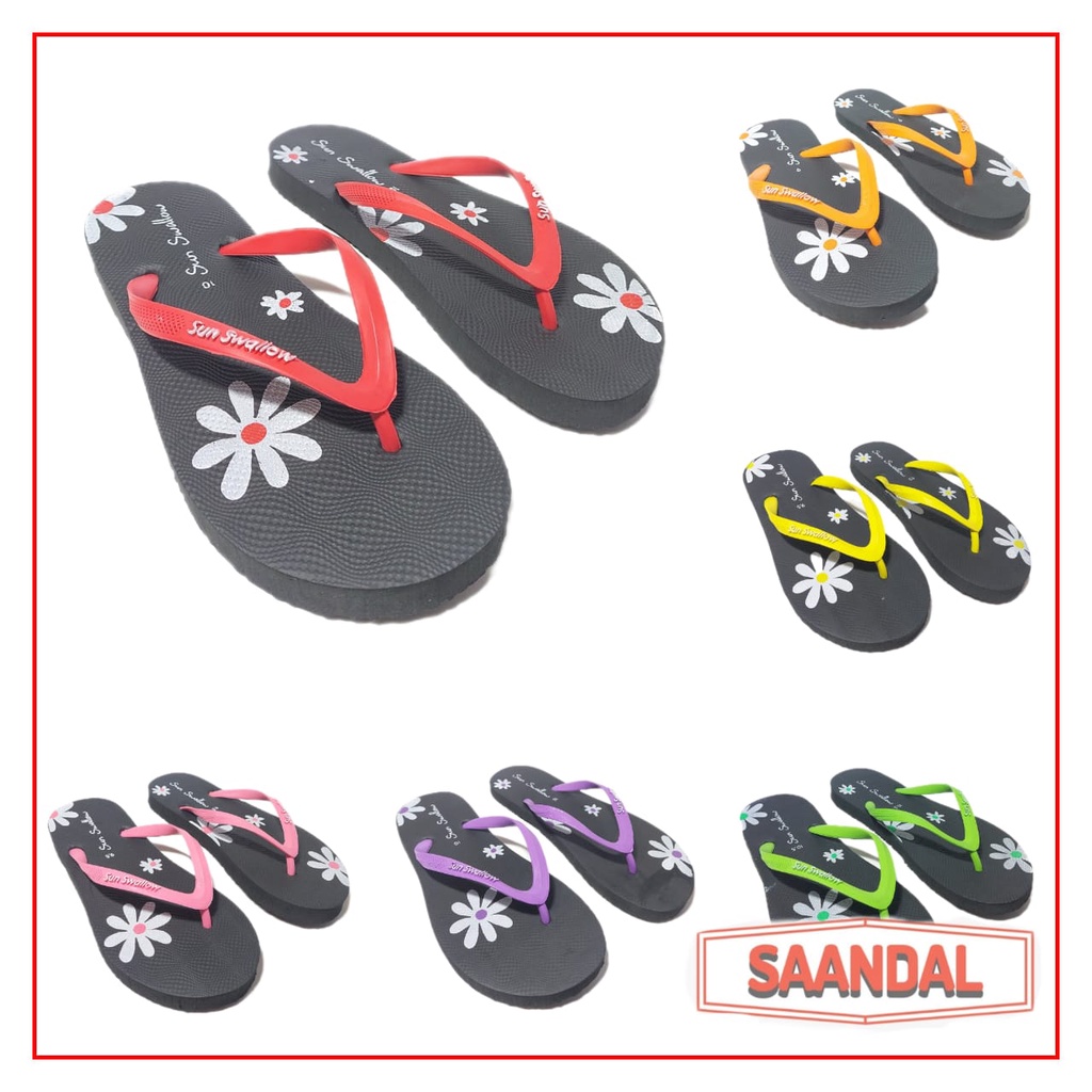 Sandal Jepit Karet Hitam Sun Swallow Floral Aster Wanita Perempuan Tali Warna