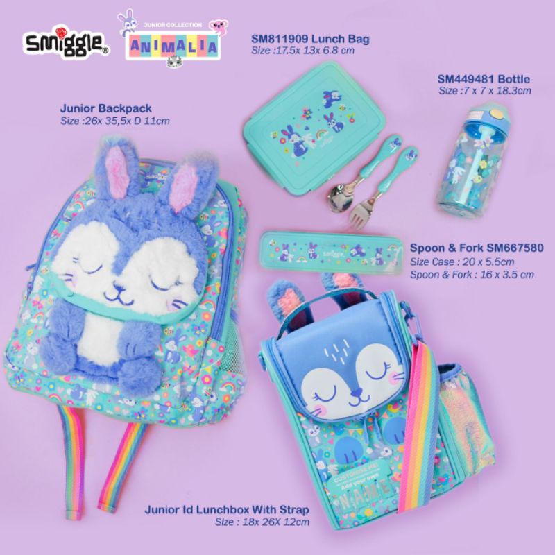 Smiggle Animalia junior character backpacks and lunchbag