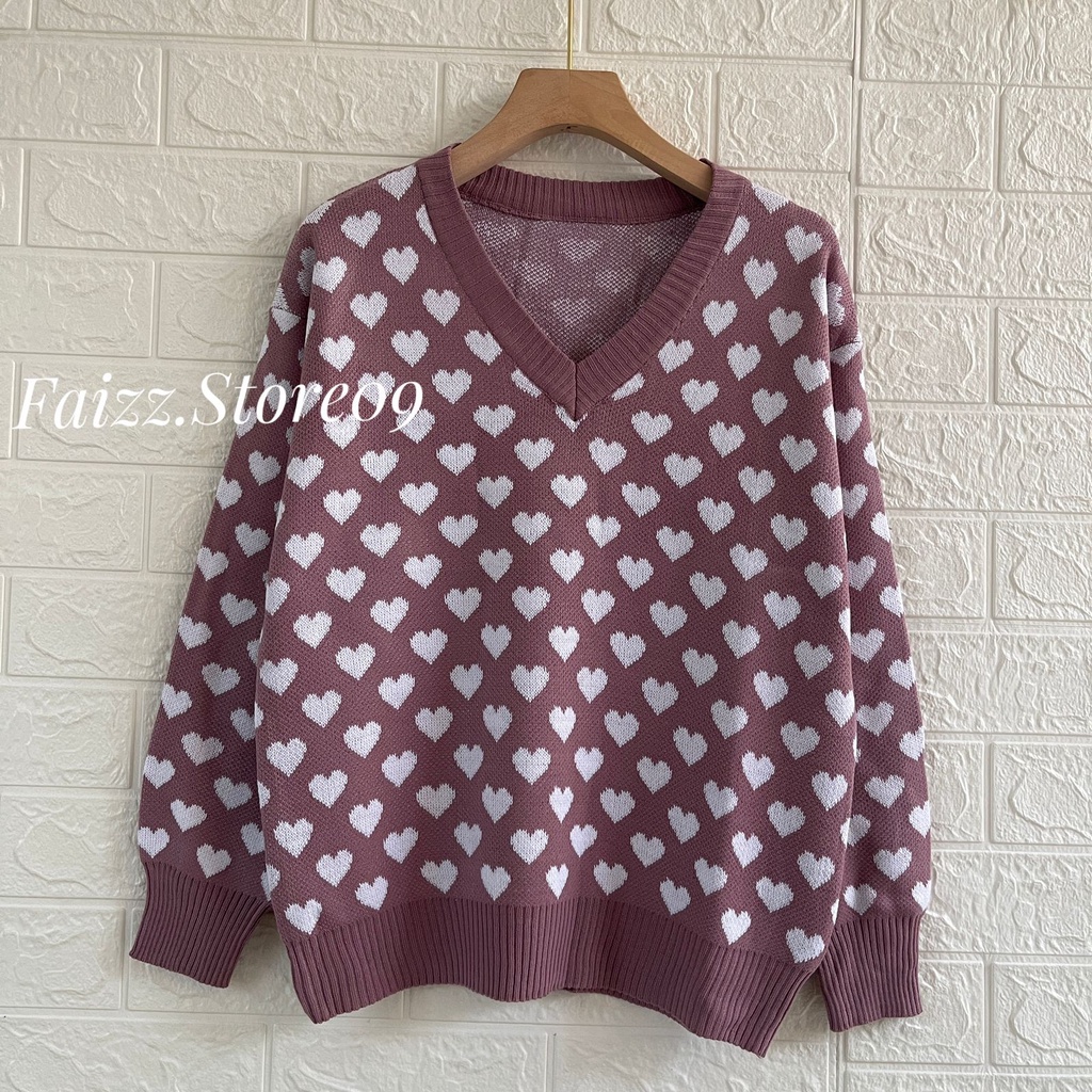 SWEATER RAJUT LOVE V-NECK ATASAN LENGAN PANJANG