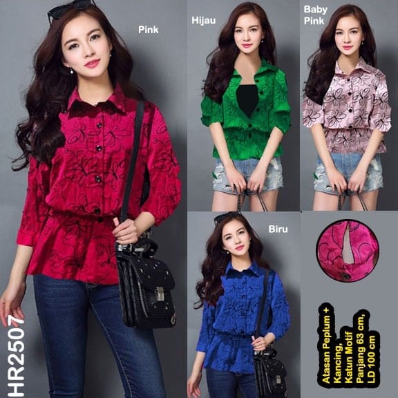 HR2507 Atasan Peplum + Kancing Katun Motif / Atasan Kemeja / Blouse Kancing / Atasan Wanita / Blouse Kerja