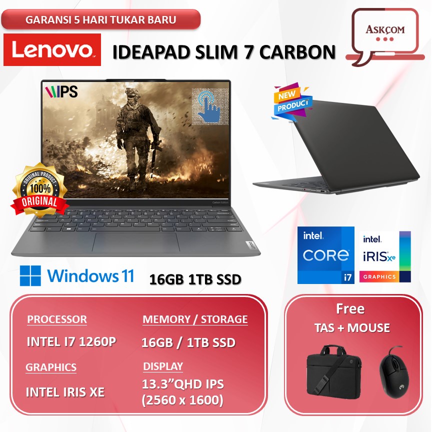 Laptop Lenovo Ideapad Slim 7 Carbon 13 Touch i7 1260P RAM 16GB 1TB SSD 13.3QHD IPS W11