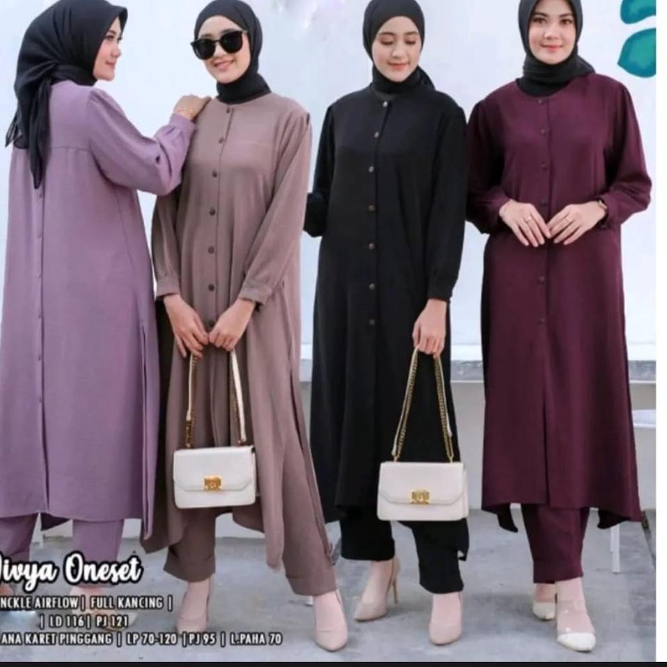► Stelan Long Tunik Cringkle Kemeja Kancing Depan Belakang || ONE SET LONG TUNIK CRINKLE DIVYA ONE S