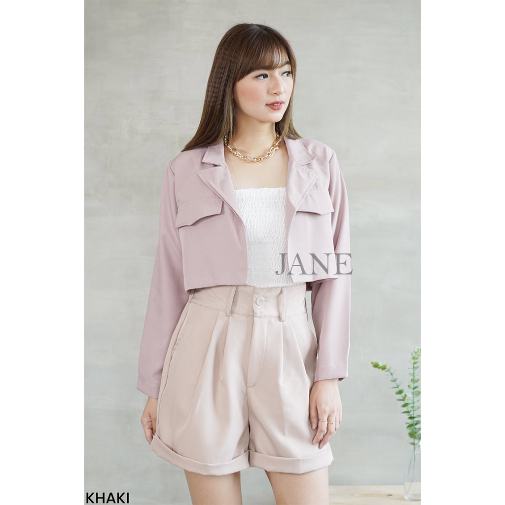 JANE COLLECTION || Outer Wanita Hitam Blazer Lengan Panjang Putih Luaran Atasan Crop Top Cream Khaki Polos - Levi Crop Blazer