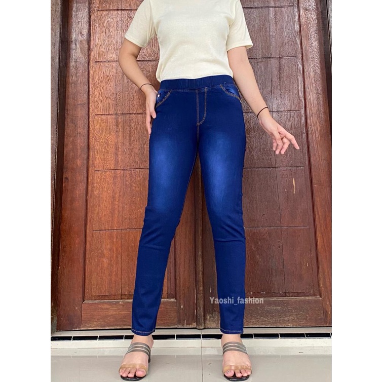 Celana Pensil Basic Pants Polos // Celana Baggy Jeans Wanita Pinggang Karet Leging Denim Streat