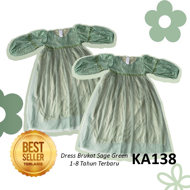 Baju Muslim Sage Green Terbaru 2023 Dress Brukat Anak 4 5 Tahun Import Gaun Kondangan Gamis Tangan Panjang Bahan Tile Tulle Import Sage Green KA136