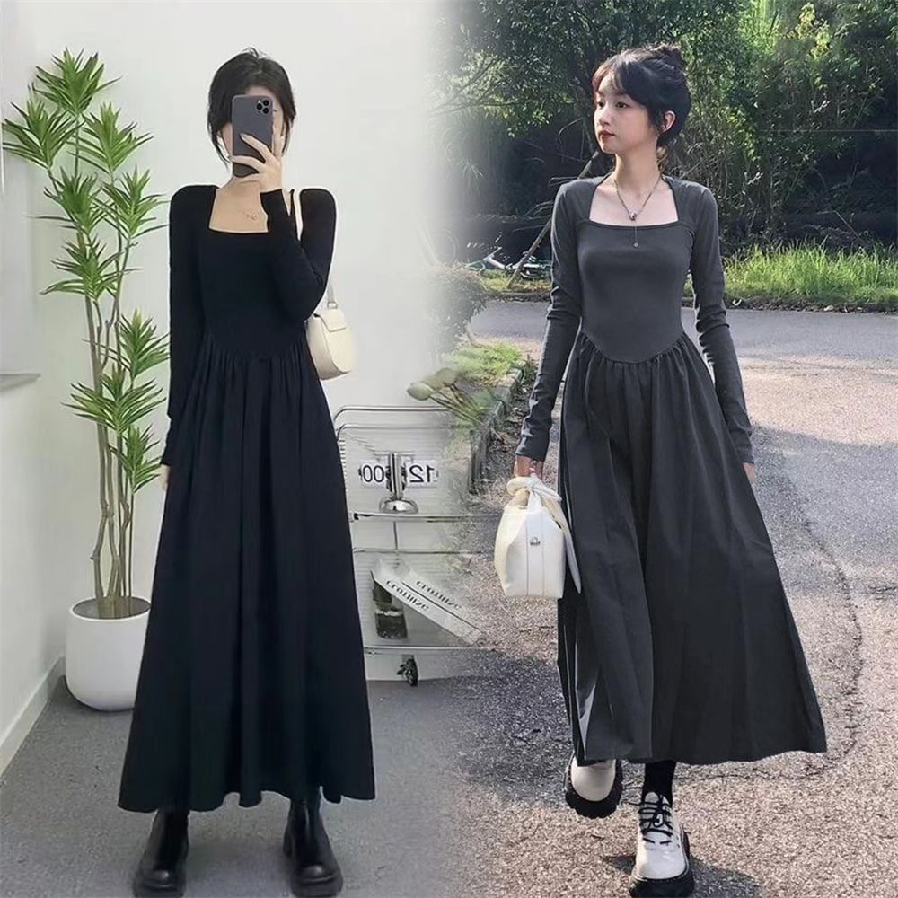 Red Hepburn Style High-End Kerah Persegi Lengan Panjang Gaun Musim Semi 2023 Baru Pinggang Tinggi Tipis Hitam Bawahan Rok Panjang wanita