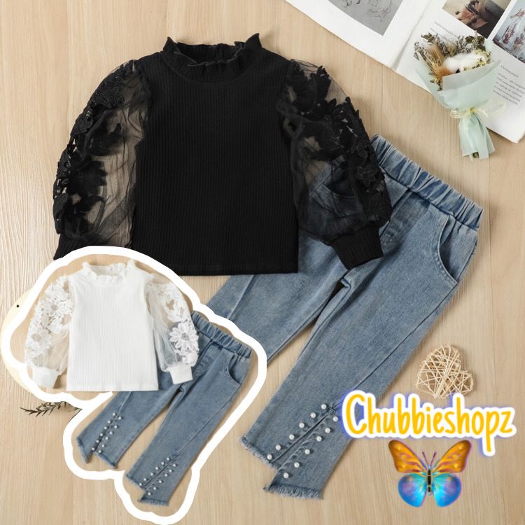 CHUBBI 81 Setelan Set Anak Perempuan Kaos Rajut + Jeans Mutiara