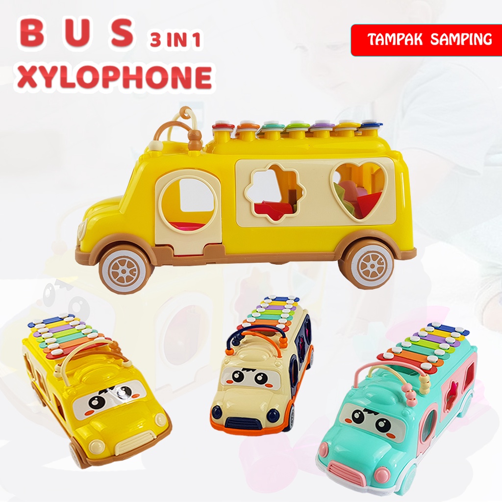 Mainan Bus Xylophone Mobil / Mainan 3in1 Musik/ Sorting Bentuk dan Alur kawat/ Mainan Anak Edukasi YE20