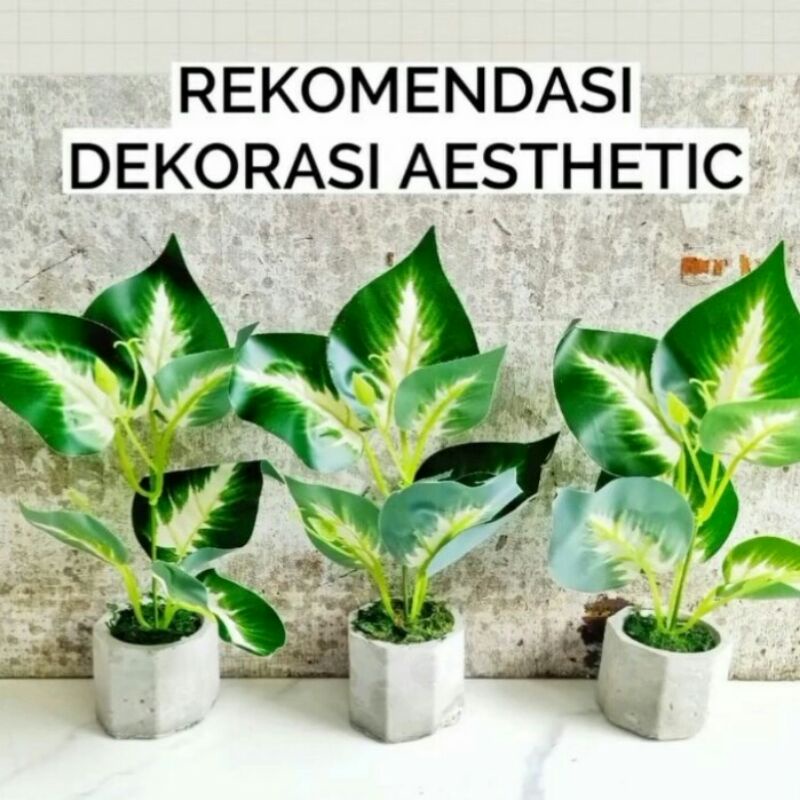 Daun hias plastik bunga artificial concrete pot semen dekorasi bunga aesthetic