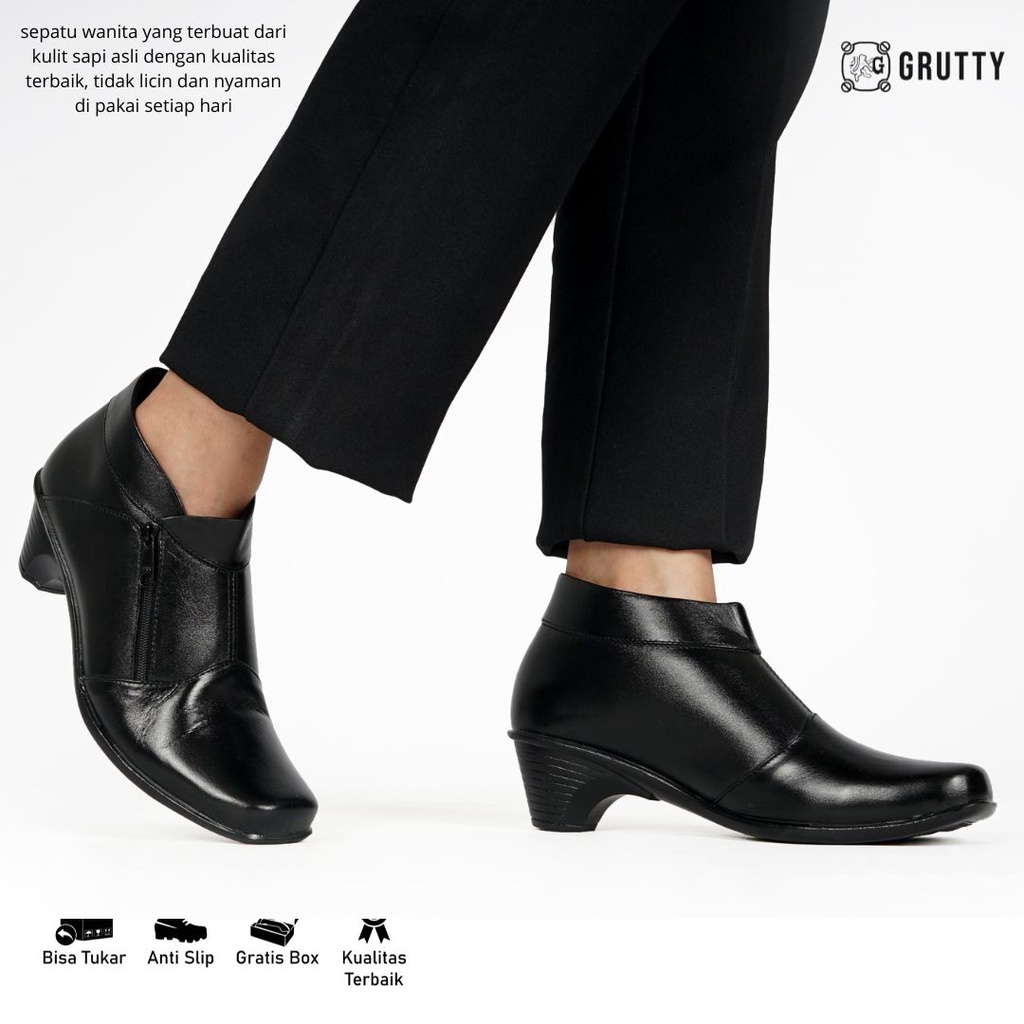 Sepatu Wanita Boots PDH Kulit asli Grutty Jasmin Hitam hak 5cm