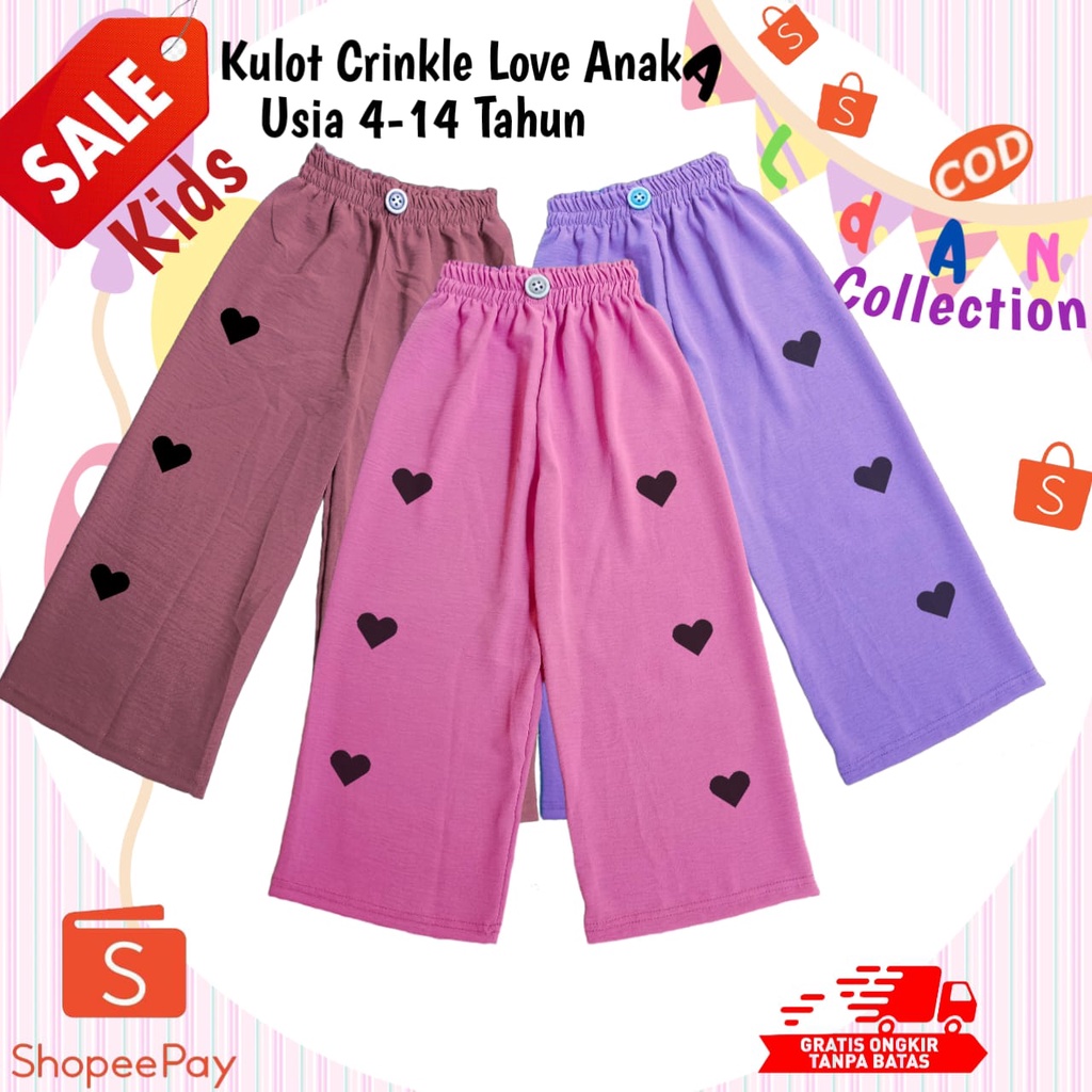 Kulot Crinkle Love Anak Perempuan Usia 4-14 Tahun / Kulot Crinkle Anak / Celana Crinkle Anak / Kulot Anak Perempuan / Celana Anak Perempuan
