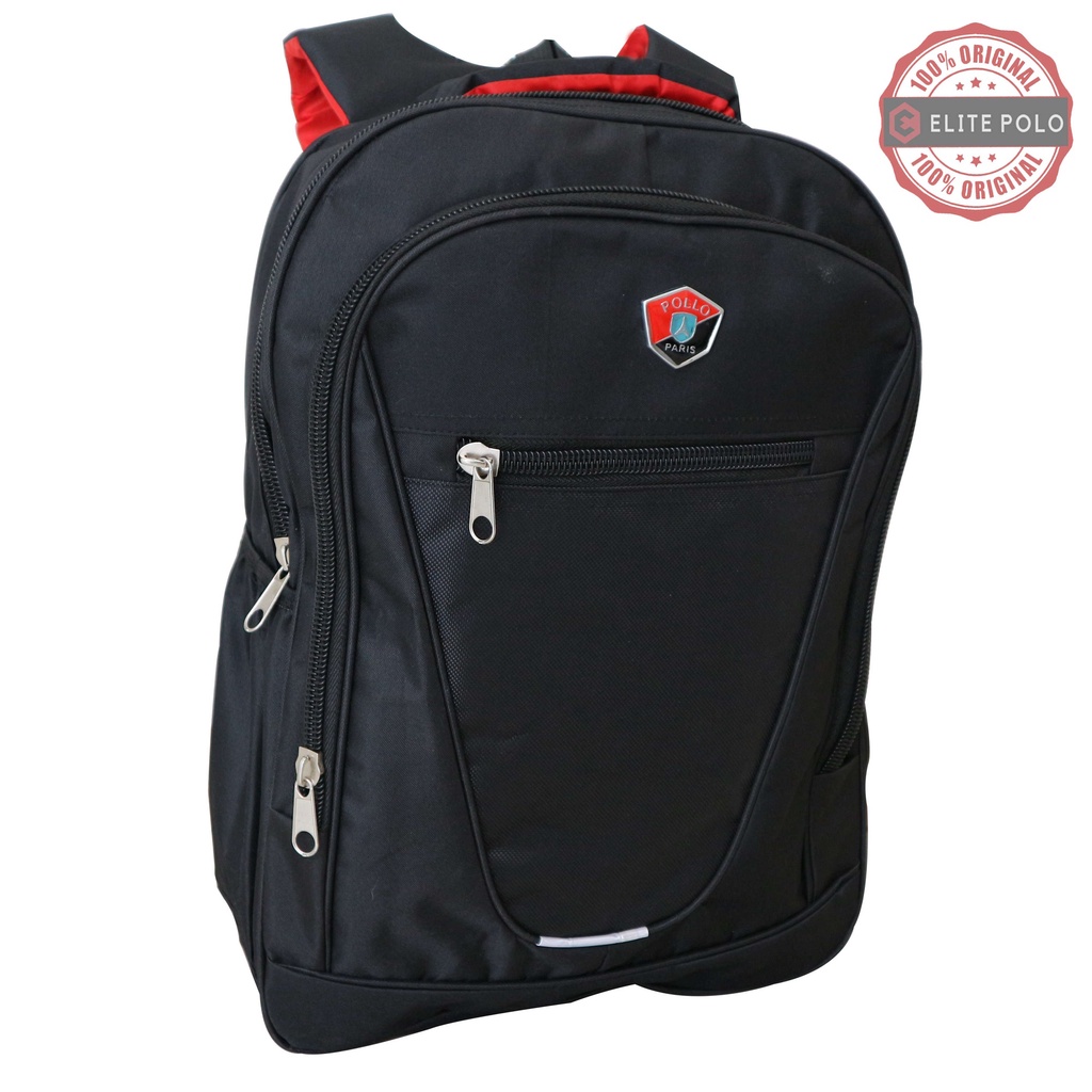 Tas Polo Hitam List Silver Ransel Pria Murah Model Polo Bahan D300 Berkualitas Backpack Sekolah SD SMP Tas Seminar Murah