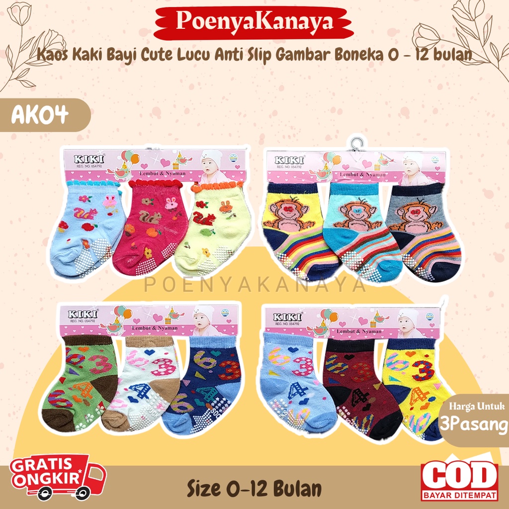 3Set Kaos Kaki Bayi Cute Lucu Anti Slip Gambar Boneka 0 - 12 bulan AK04