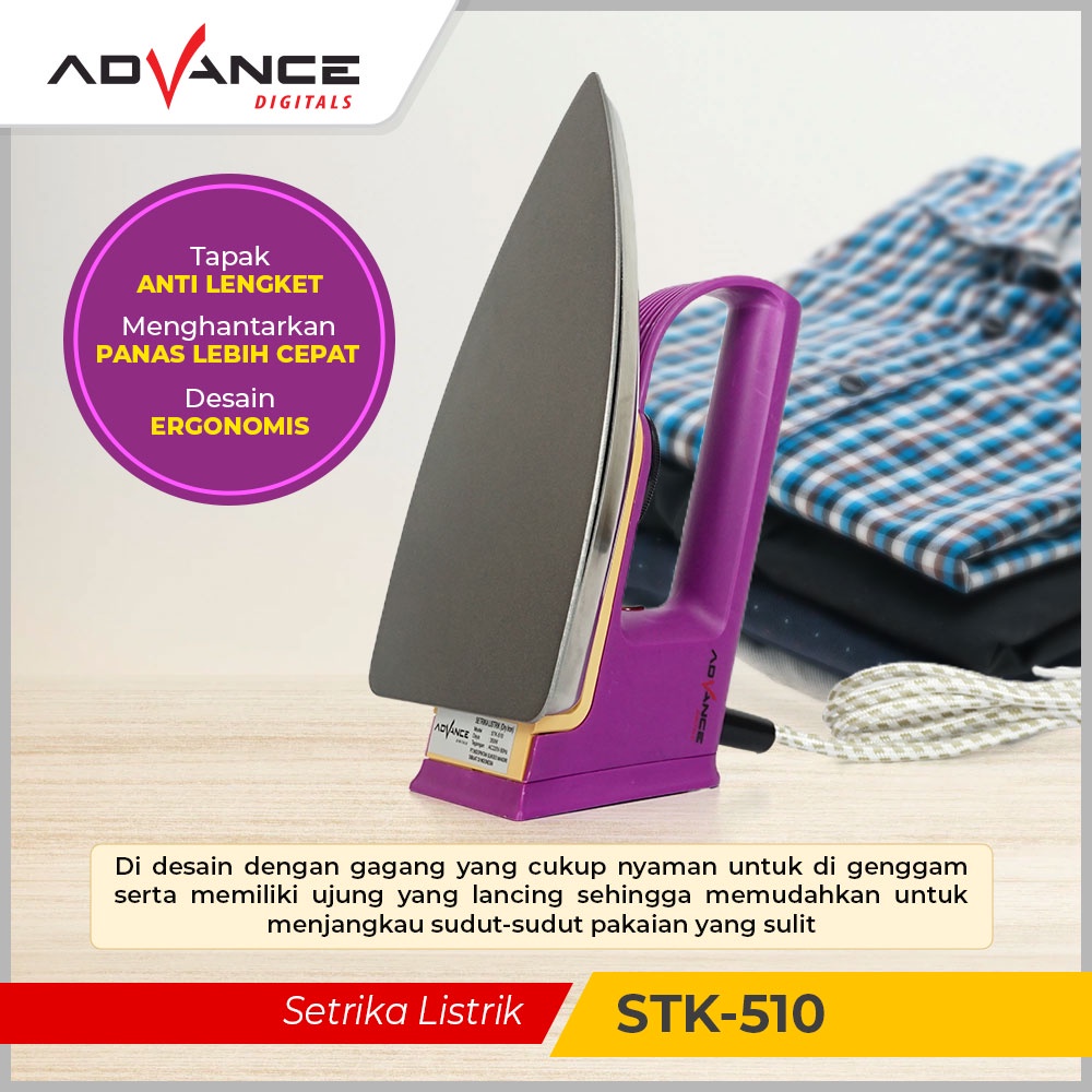 Setrika Uap Listrik Advance (Dry Iron) Anti Lengket STK510 Setrika Listrik hemat listrik 350 W Bergaransi Resmi 1 Tahun