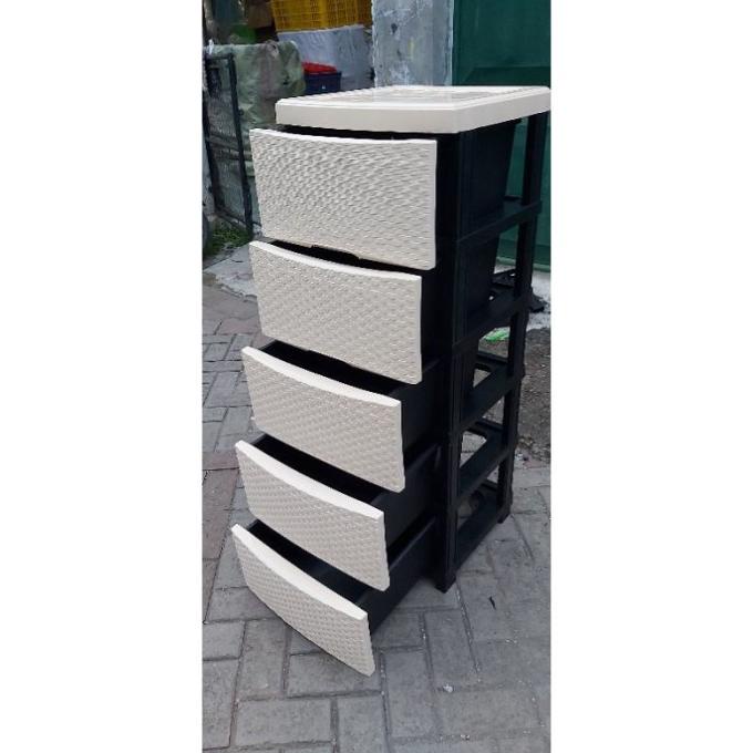 Lemari Plastik Laci Aquose Beige Hoky / Hoki Motif Rotan Susun 5 Storolinaya