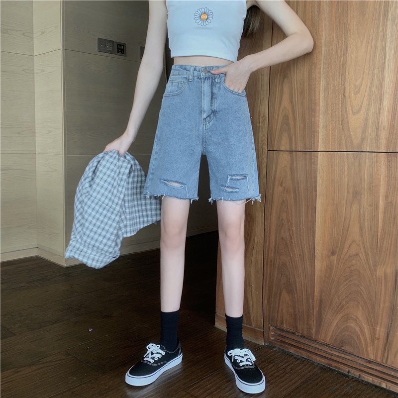 celana pendek denim wanita korean style highwaist premium baggy vintage celana jeans sobek