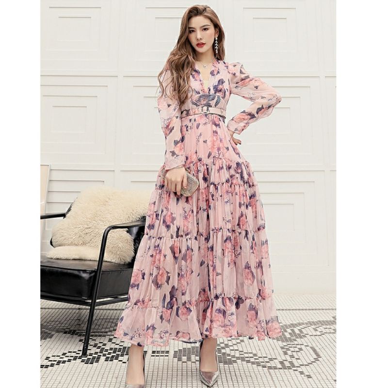 99220 Baju Maxidress longdress TIERED SAFFRON Vneck bunga flower floral dres Korea Korean style wani