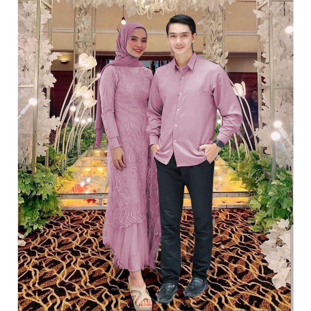 Cp geraldine Couple baju muslim gamis dan kemeja lengan panjang bahan tile ruby mutiara import lapis