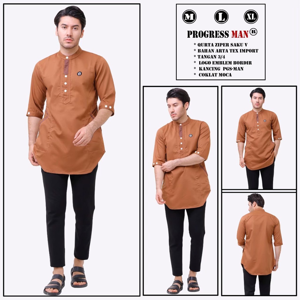 PROGRESS MAN Baju Muslim Pria Dewasa Premium  Kurta V  Koko Cowok Original Lengan Tiga Perempat kurta Pakistan Terbaru Lebaran 2023 Warna V NAVY