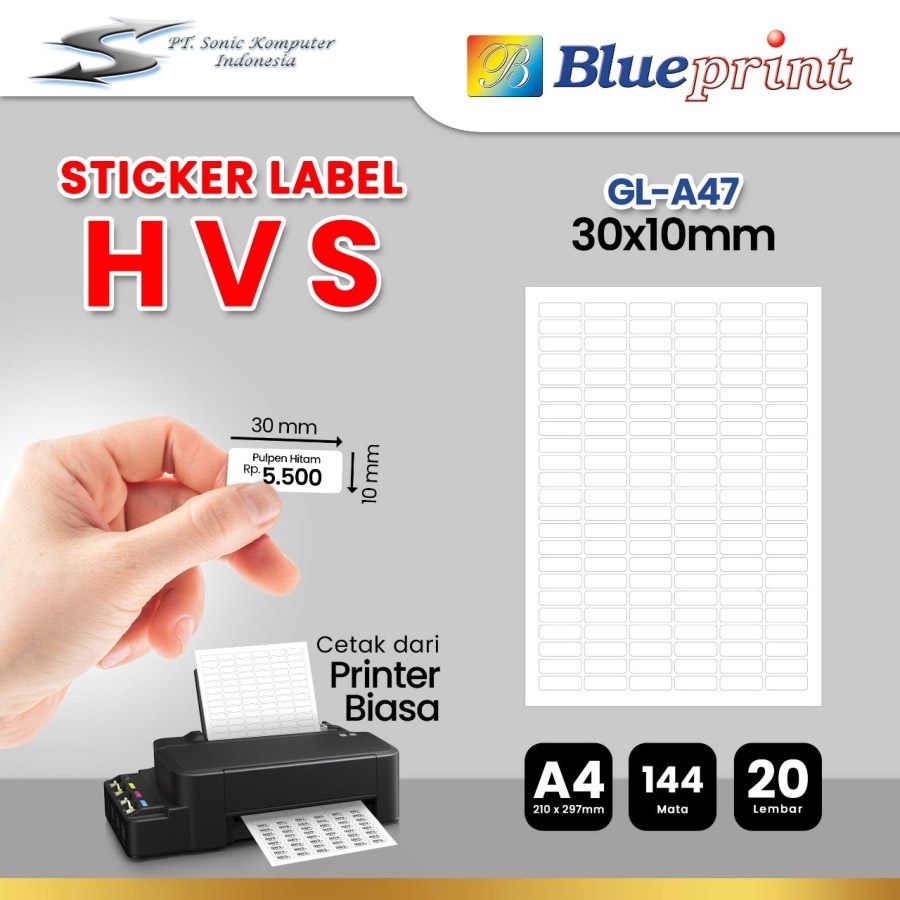 Kertas Stiker Label HVS A4 BLUEPRINT GLA47 30x10 mm 20 Lembar 144 Mata