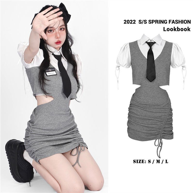 [✅BISA COD] #Sisjuly# Gaun penyambungan kemeja wanita palsu dua potong berongga lengan gelembung tan