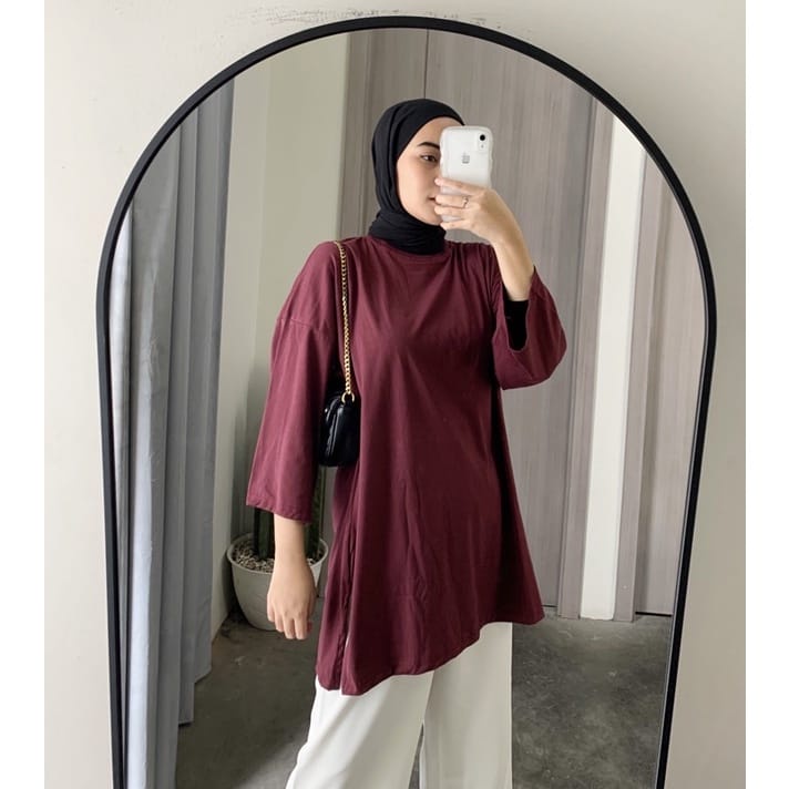 BrnJayaStore - Atasan Kaos Oversize Wanita Kekinian Polos Lengan 3/4 Top Hijab Jumbo