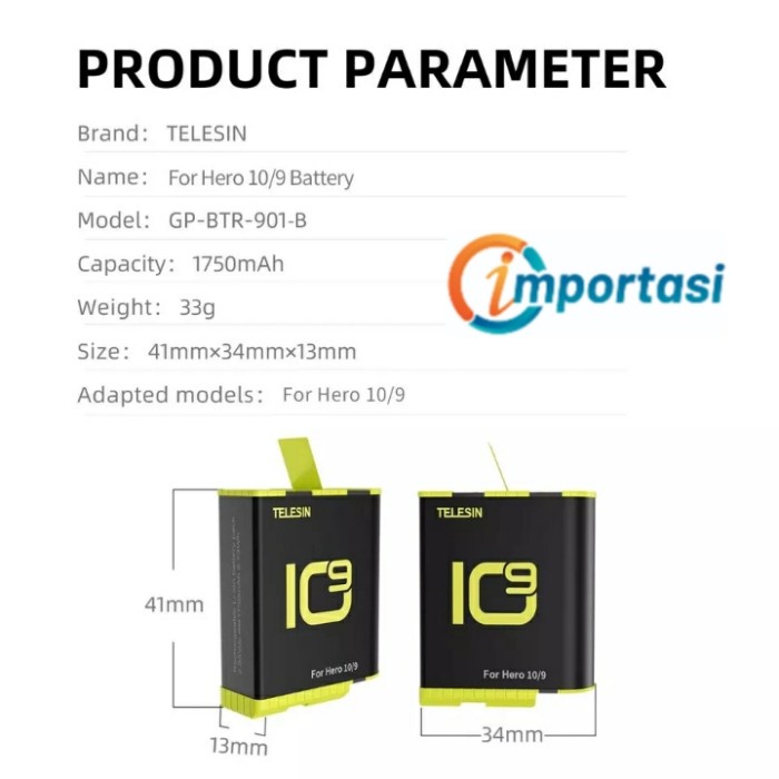 TELESIN Battery Gopro Hero 9 &amp; 10 Batere Baterai Fast Charging Decoded