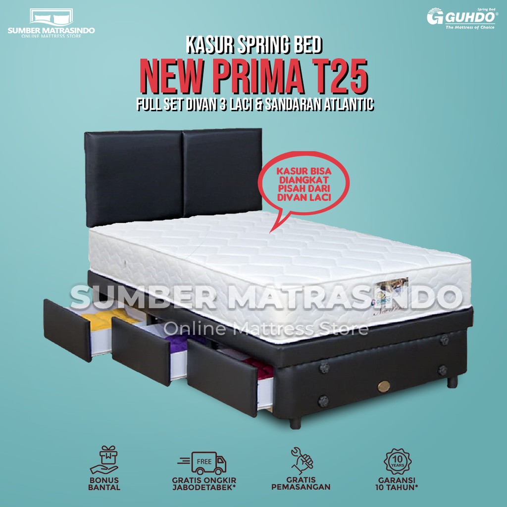 Guhdo Spring Bed Kasur New Prima T25 Divan 3 Laci Drawer HB Atlantic - FULL SET / KASUR & DIVAN LACI