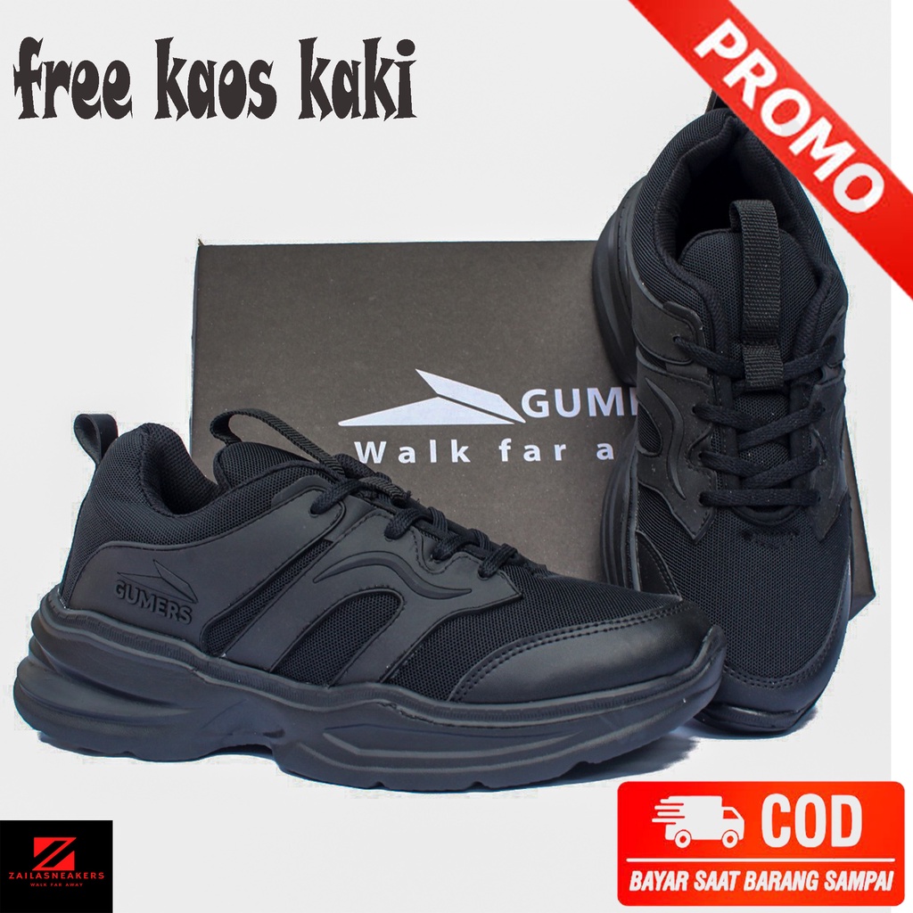 Gumers pria dan wanita, sepatu hitam polos sport.full black,ringan dan lentur,sekolah,kerja,olahraga