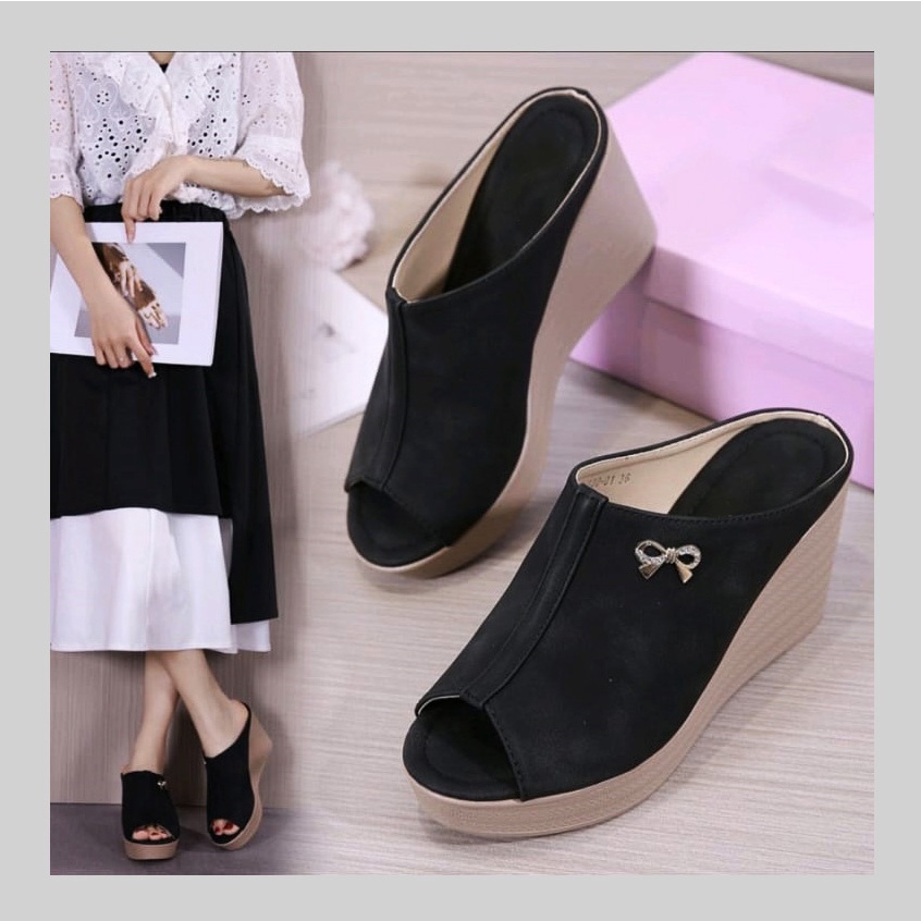 ALANA BLACK WEDGES ORIGINAL | Sepatu Sandal Wedges Wanita Ukuran Besar-Jumbo Big Size 40-45 Hak tinggi 8cm